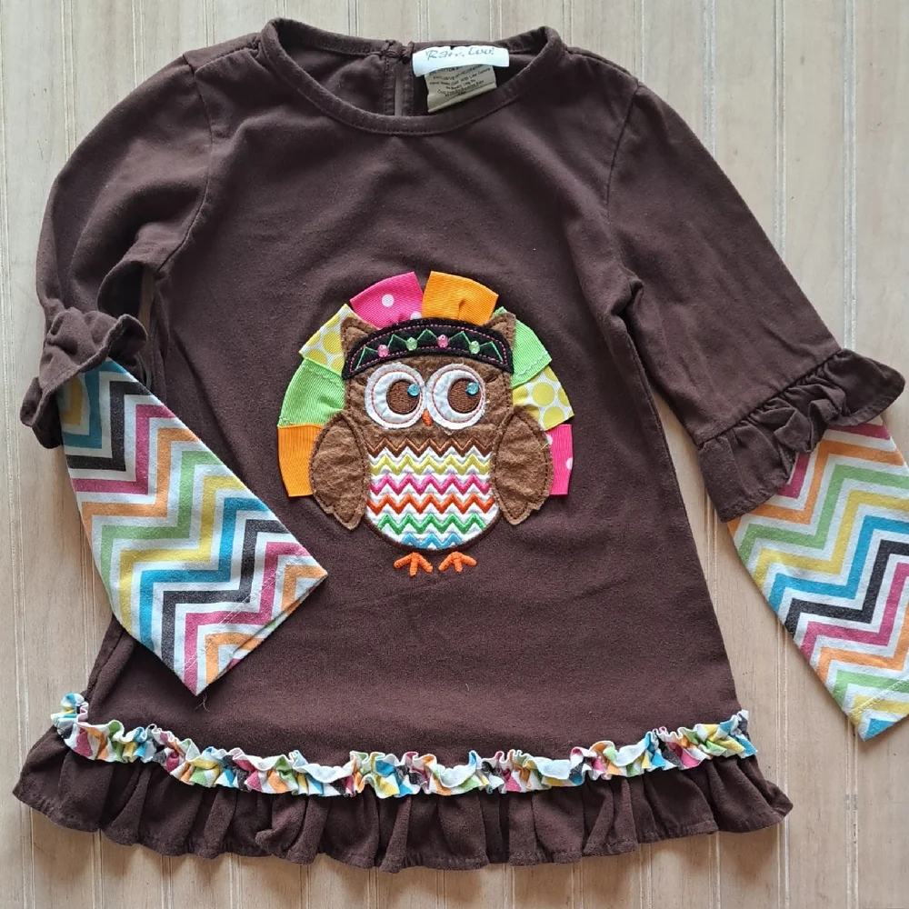 RareToo! Brown Owl Appliqué Chevron Sleeve Tunic Top Fall Thanksgiving Outfit